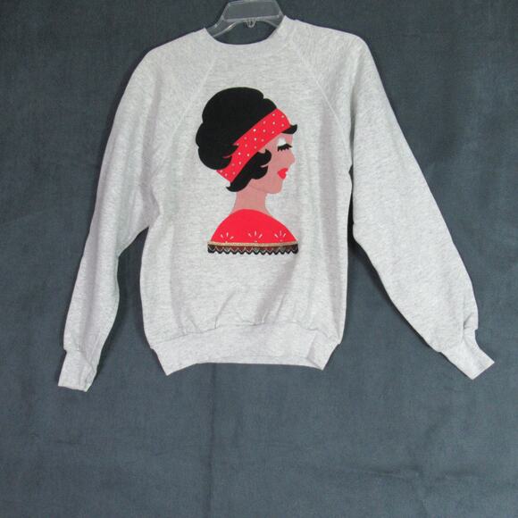 Vintage Tultex Sweatshirt Womens Medium Gray Faux Suede Rhinestone Graphic USA - Picture 1 of 9